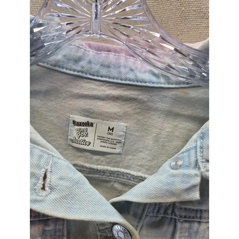 Justice x Bazooka Ring Pop Girls Denim Jacket Sz M 10 Tie Dye Graphic Distressed